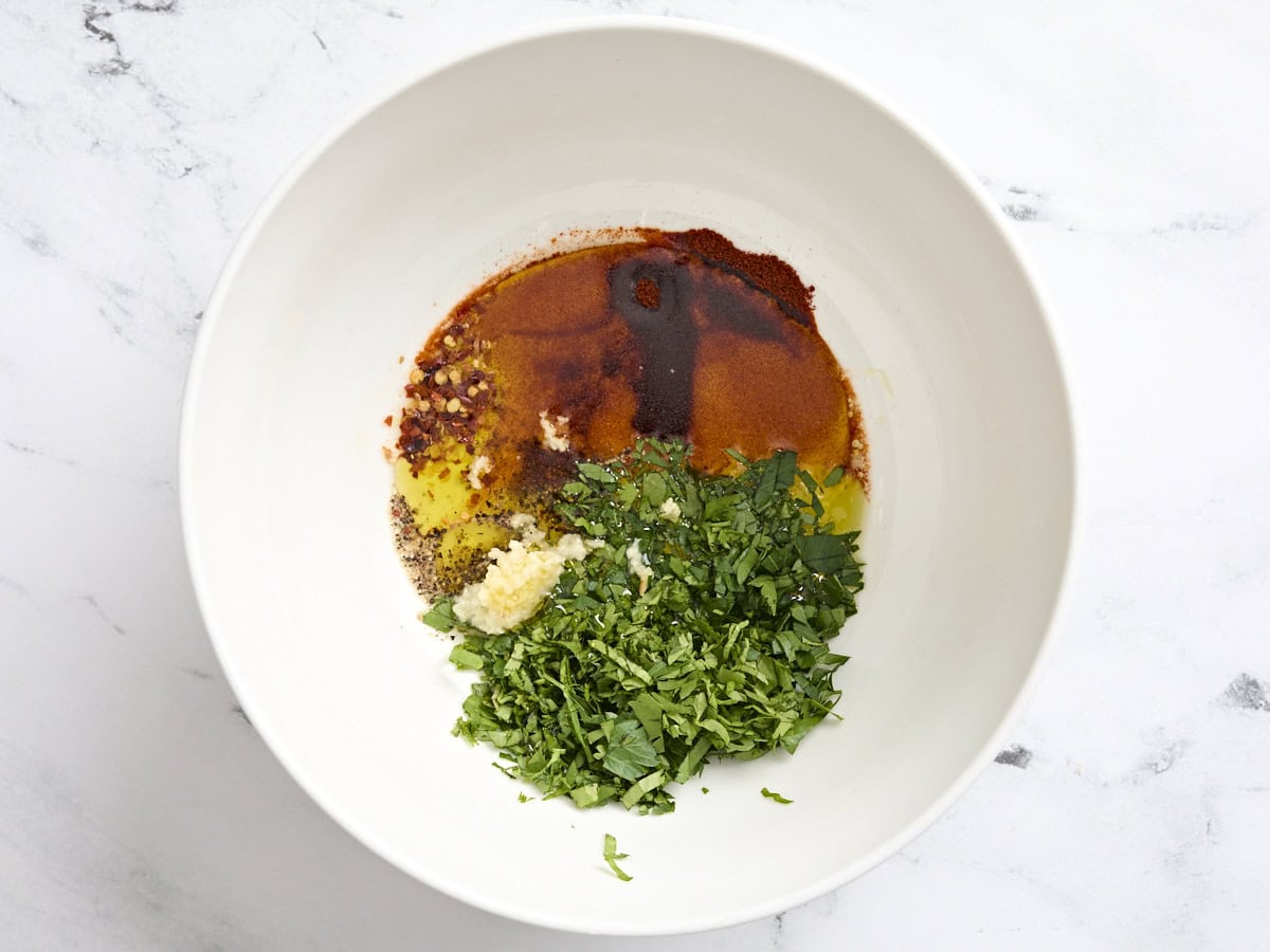 Grilled shrimp marinade ingredients in a bowl.