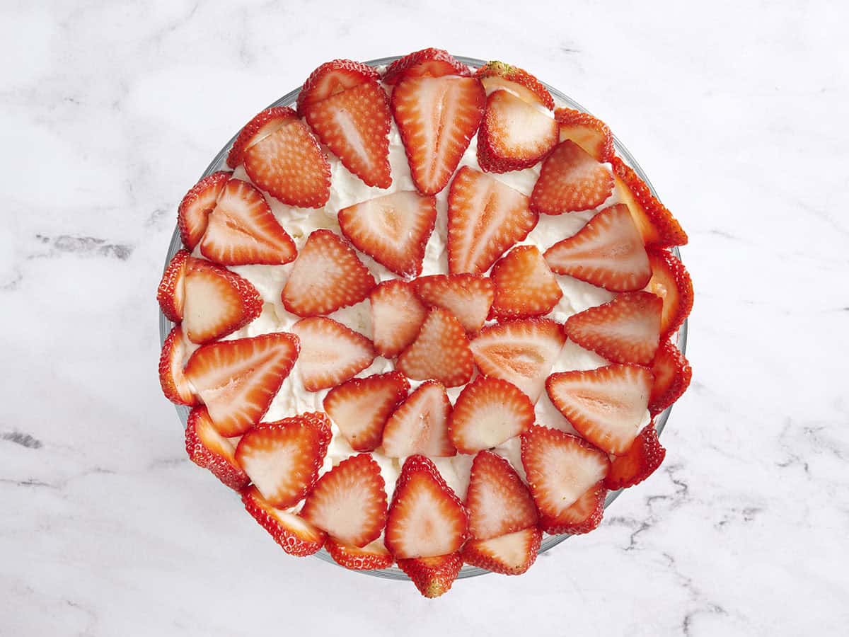 Overhead view of a finished berry trifle.