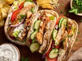 Overhead of chicken shawarma in a pita.