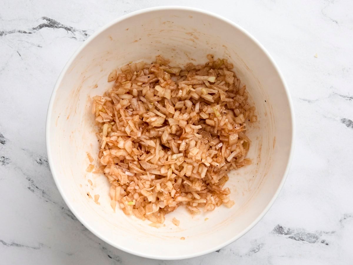 Finished onion chutney in a bowl.