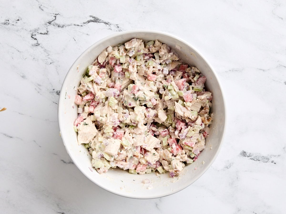 Finished strawberry chicken salad in a bowl.