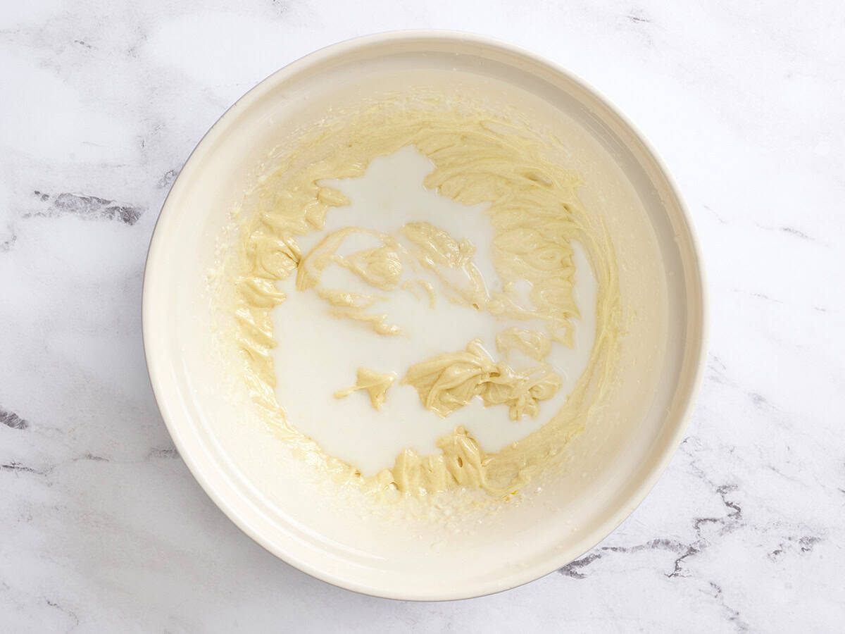 Butter milk added to the batter for the cake for berry trifle.