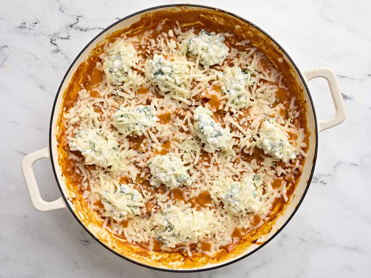 Cottage cheese mixture added to a stovetop lasagna.