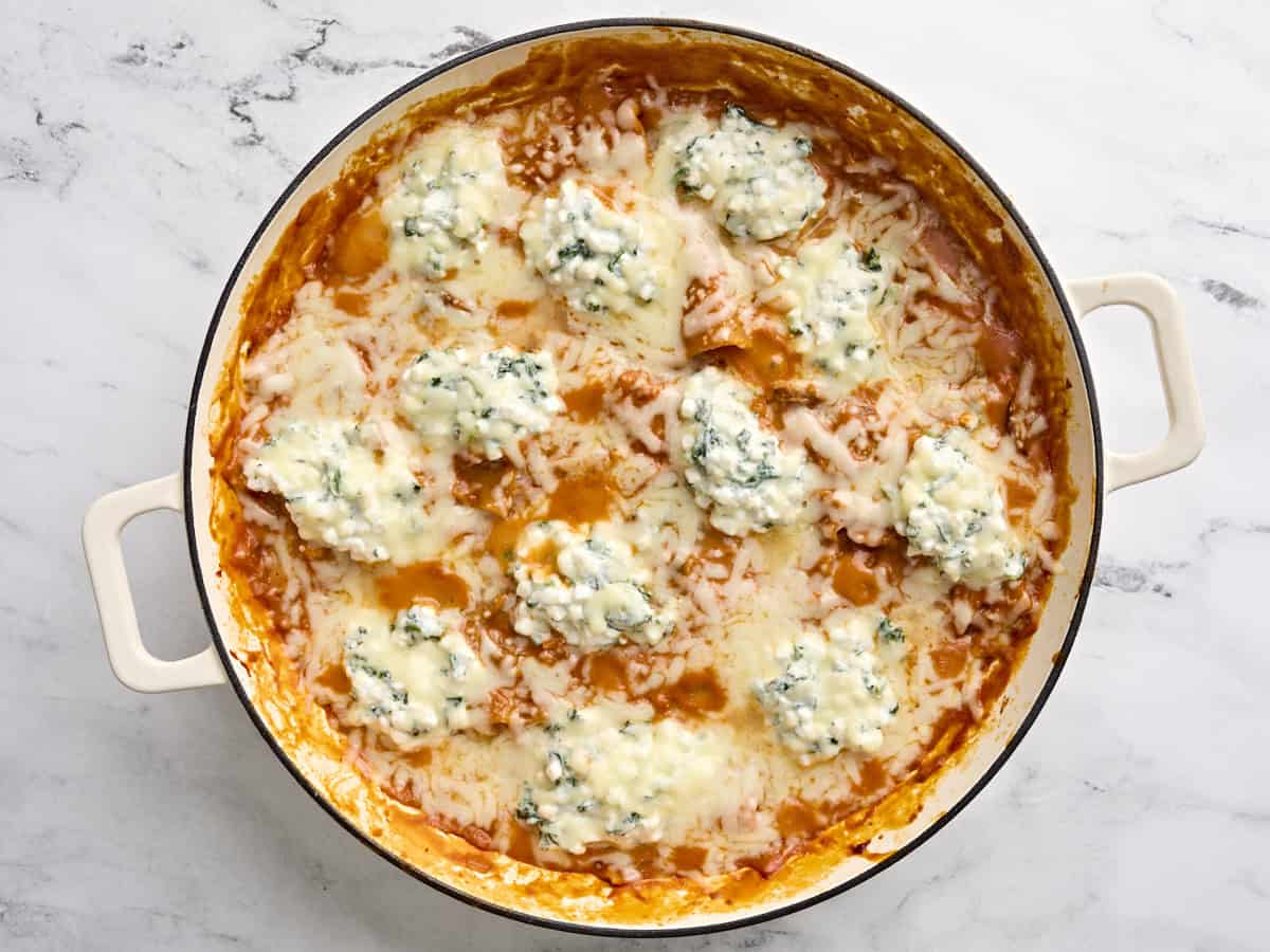 Finished mushrooms alla vodka sauce stovetop lasagna.