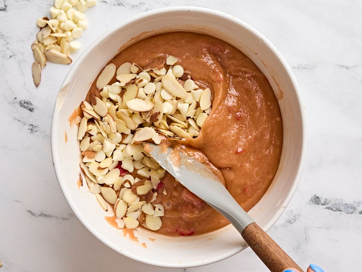 Slivered almonds added to the batter for cherry blondies.
