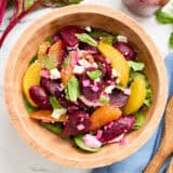 Overhead view of a beetroot salad in a bowl.