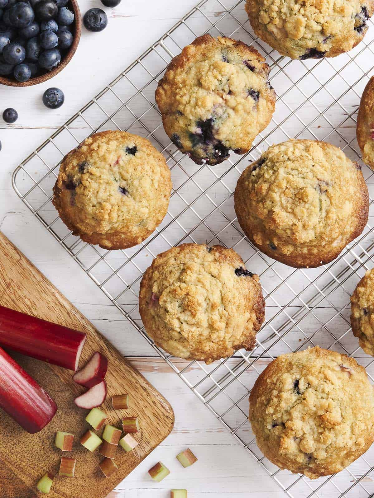 Overhead view of blueberry rhubarb muffins.