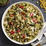 Overhead view of a bowl of homemade ditalini pasta salad.