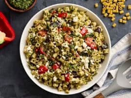 Overhead view of a bowl of homemade ditalini pasta salad.