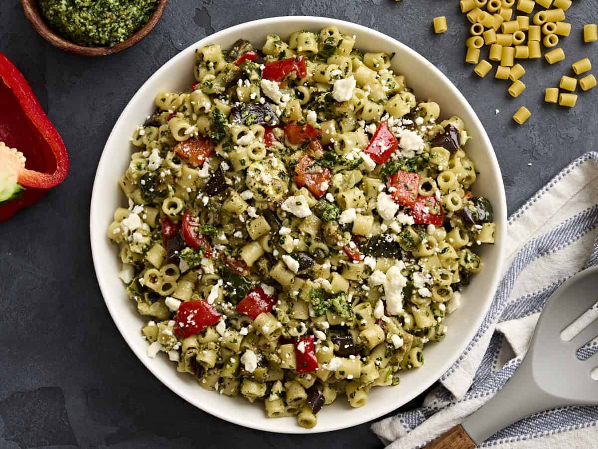 Overhead view of a bowl of homemade ditalini pasta salad.