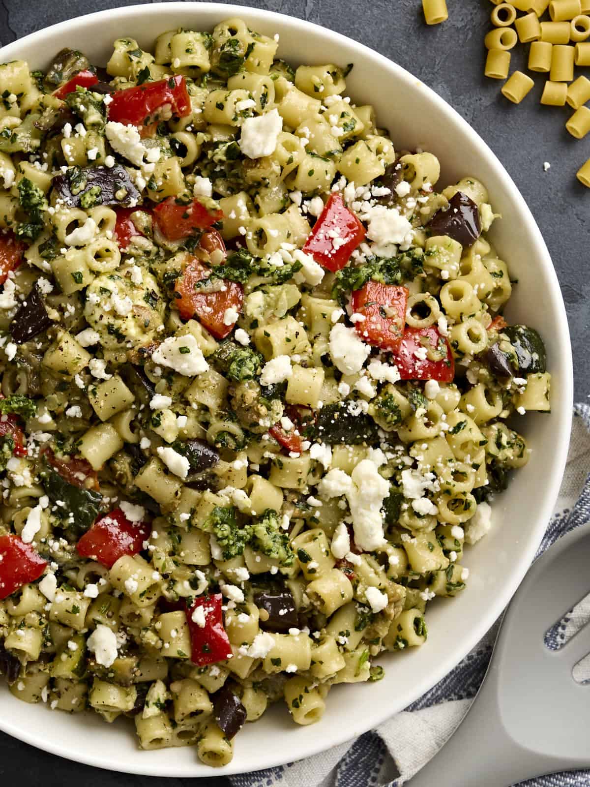 Overhead view of a bowl of homemade ditalini pasta salad.