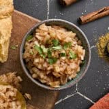 Overhead view of a bowl of onion chutney.