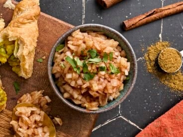 Overhead view of a bowl of onion chutney.