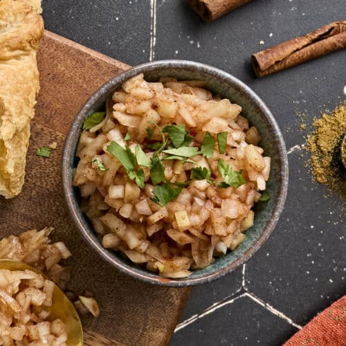Overhead view of a bowl of onion chutney.