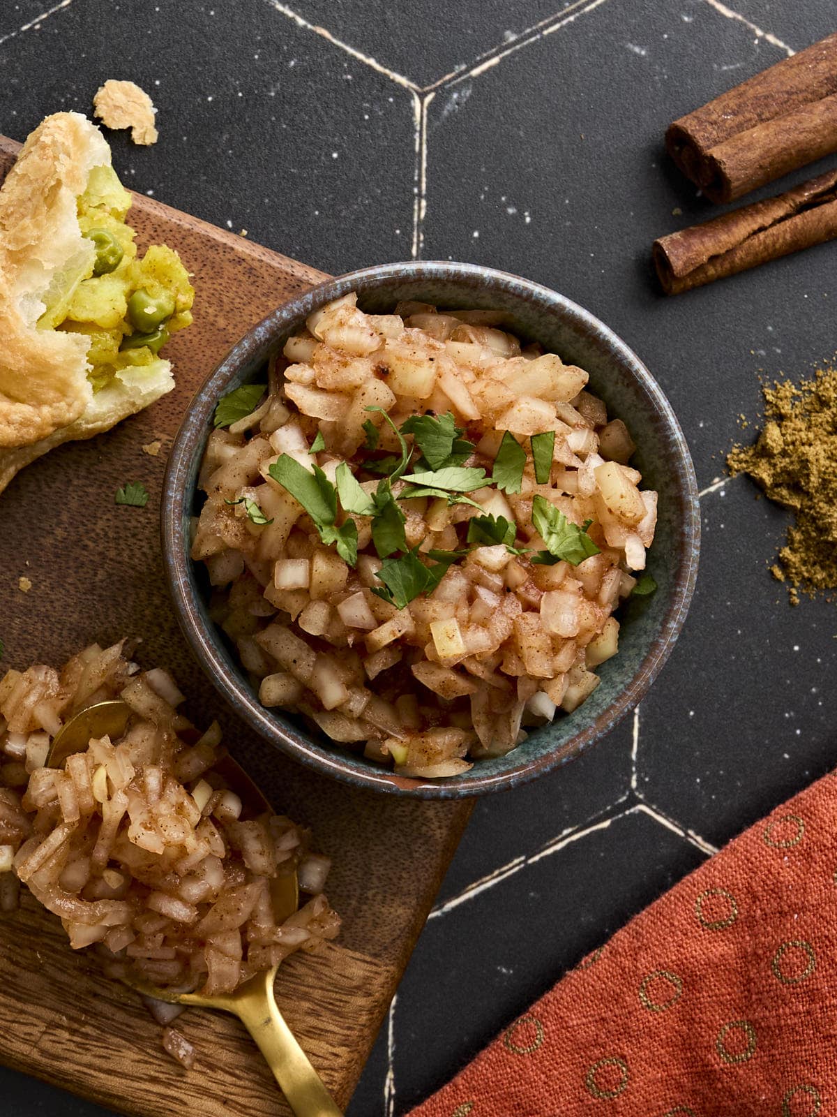 Overhead view of a bowl of onion chutney.