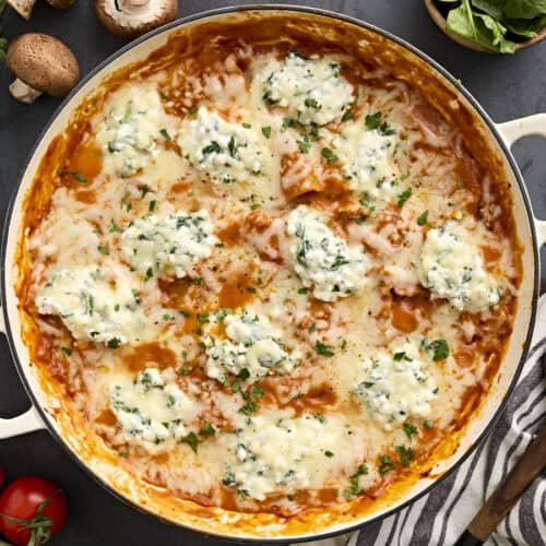 Overhead view of a vegetarian stovetop lasagna.