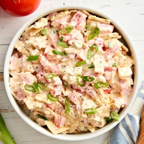 Overhead view of a bowl of tomato cracker salad.
