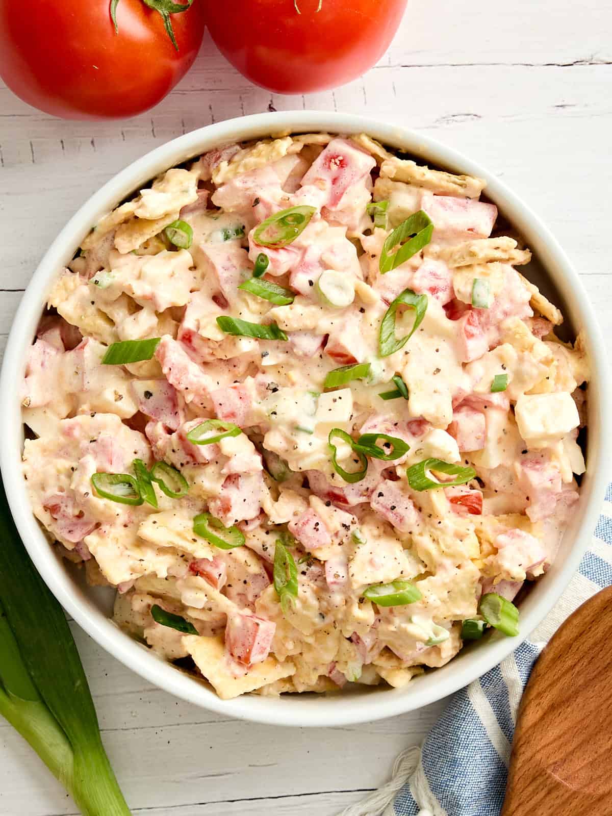 Overhead view of a bowl of tomato cracker salad.