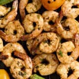 Overhead close up of grilled shrimp.