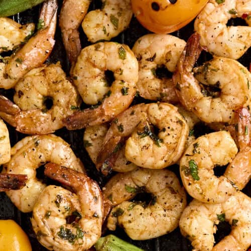 Overhead close up of grilled shrimp.