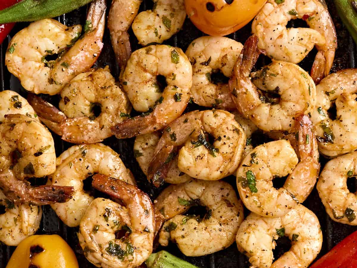 Overhead close up of grilled shrimp.