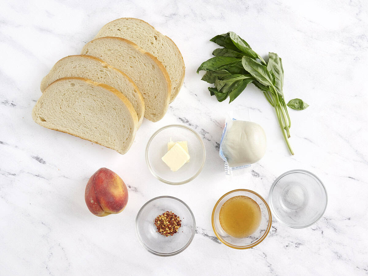 The ingredients to make honey peach grilled cheese sandwiches.