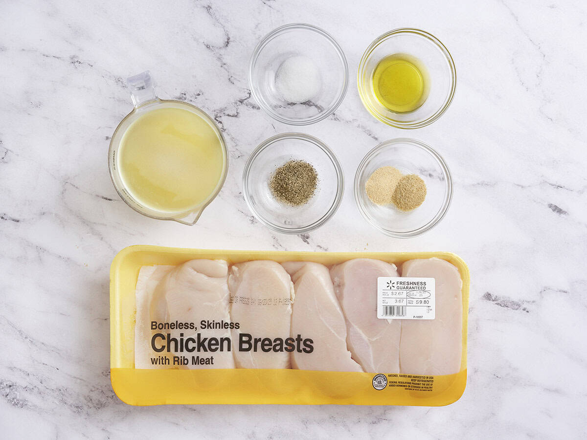 The ingredients to make shredded chicken.