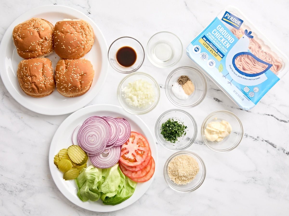 The ingredients to make chicken burgers.