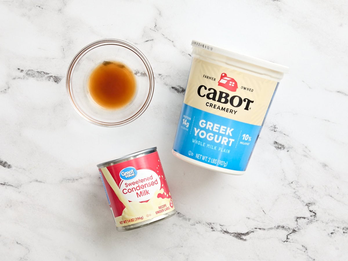 The ingredients to make 3 ingredient frozen yogurt.