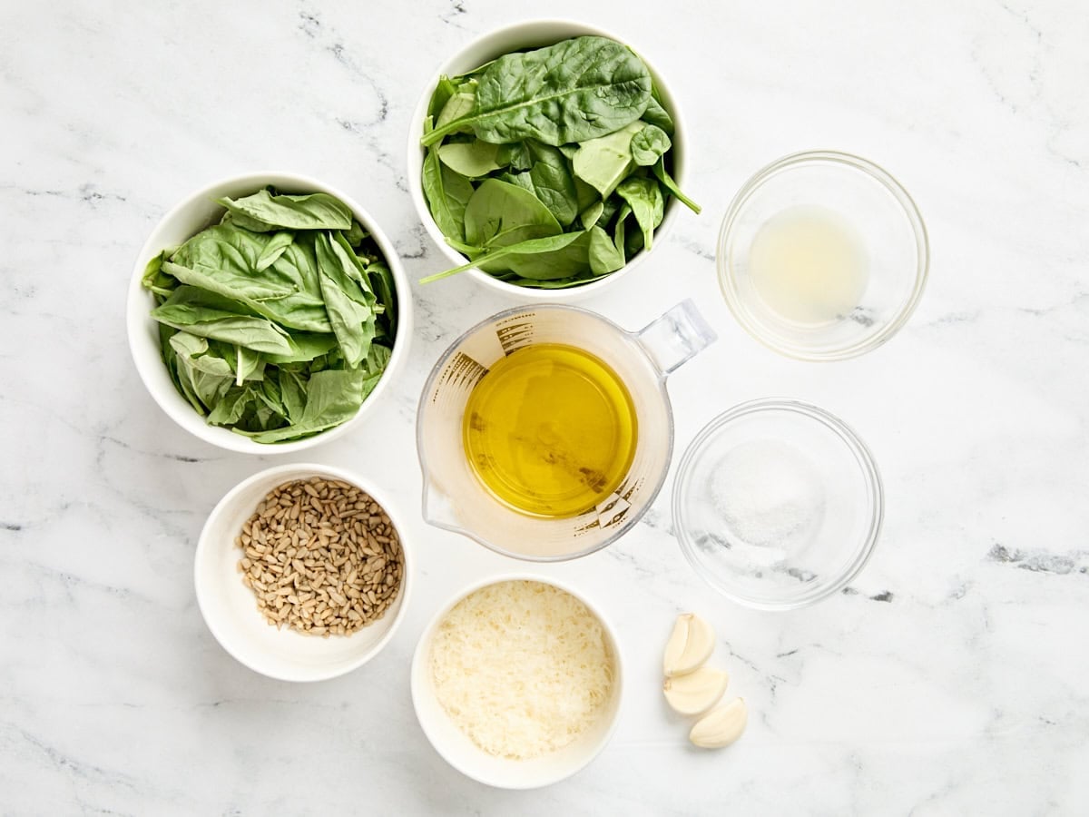 The ingredients to make homemade pesto on a budget.