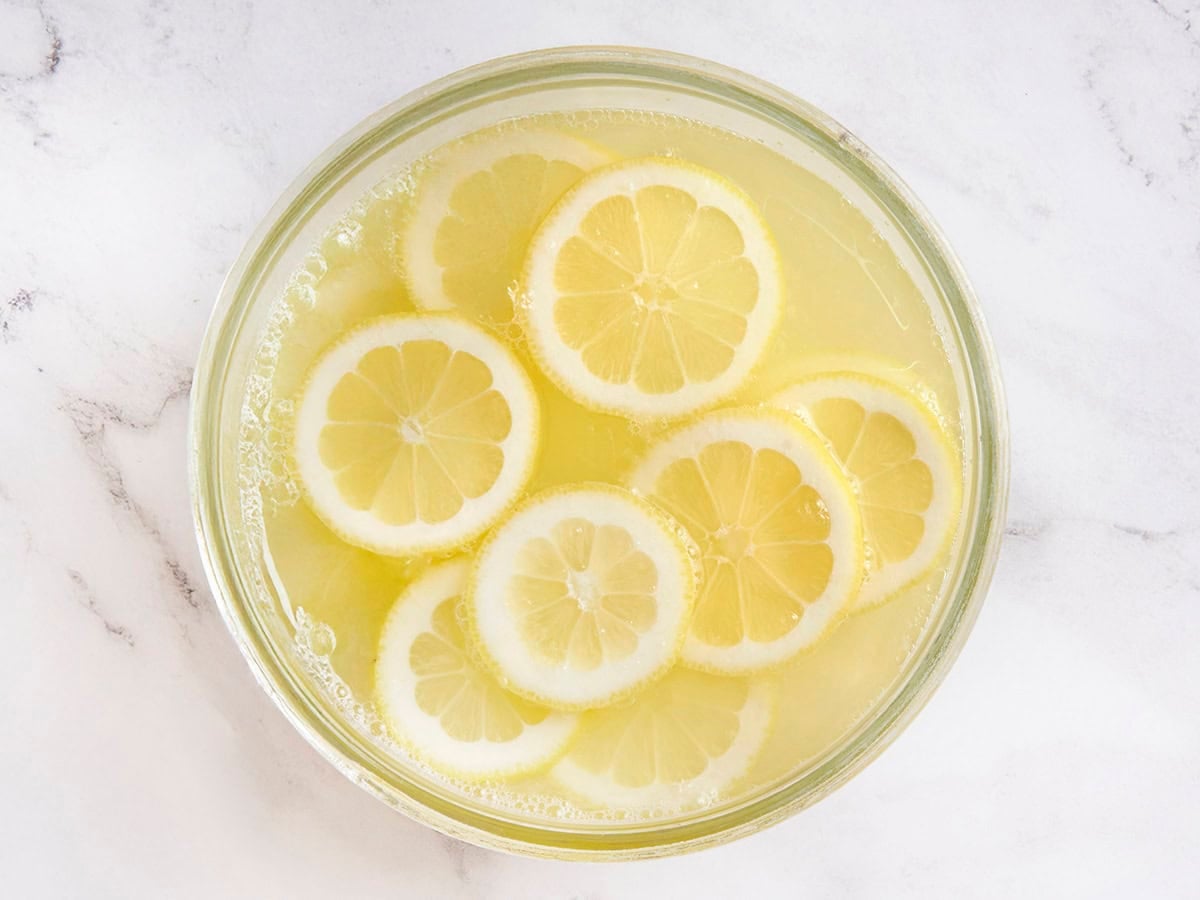 A punch bowl of easy homemade lemonade.