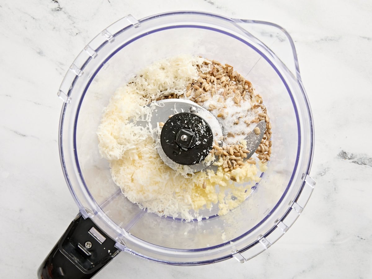 Minced garlic, sunflower seeds, parmesan cheese, and salt in a food processor.
