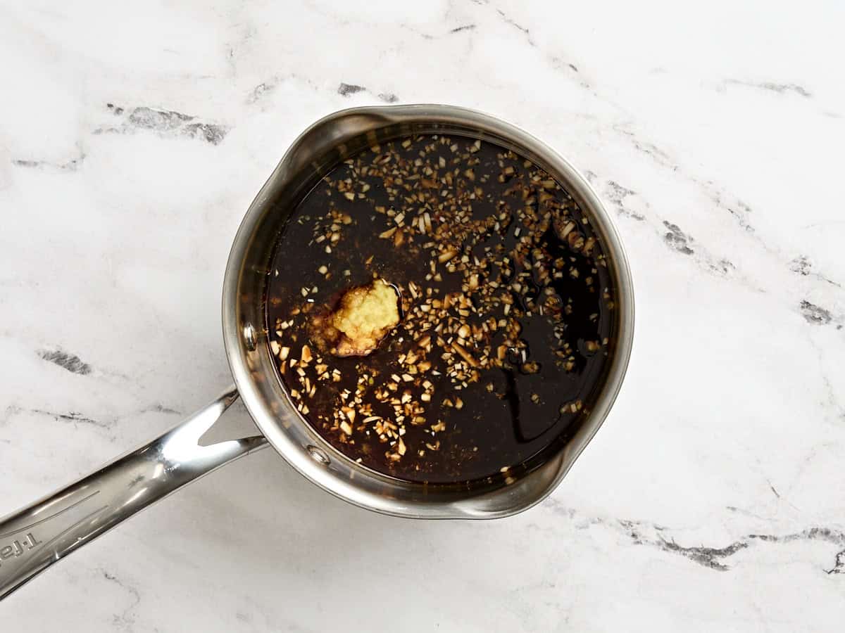 Teriyaki sauce ingredients in a saucepan.