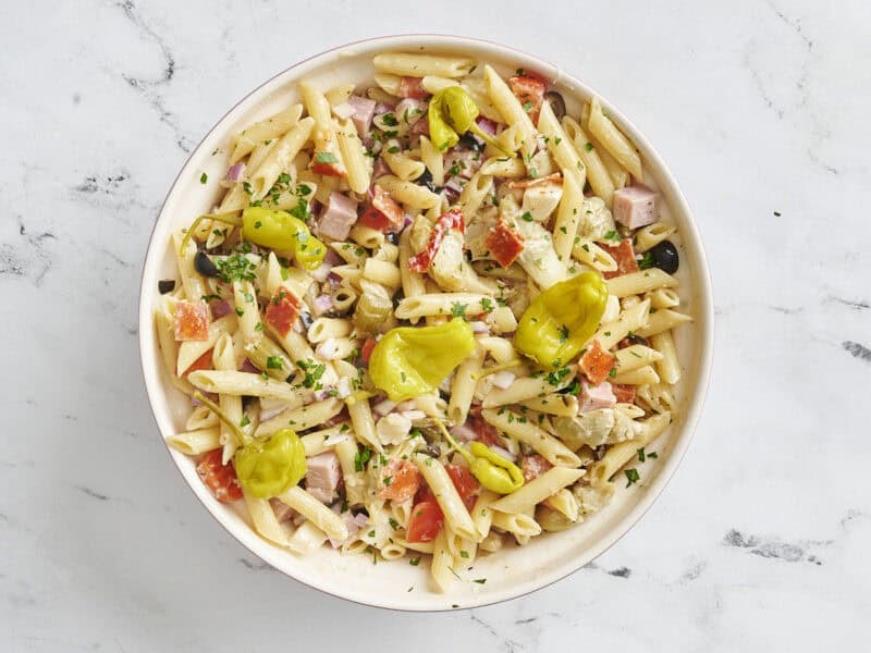 Finished Italian antipasto salad in a bowl.