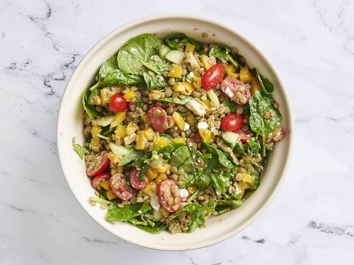 Finished summer lentil salad in a bowl.