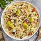 Overhead view of a bowl of antipasto pasta salad.