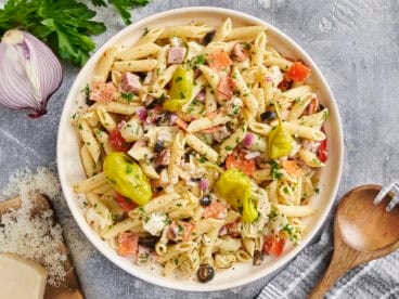 Overhead view of a bowl of antipasto pasta salad.