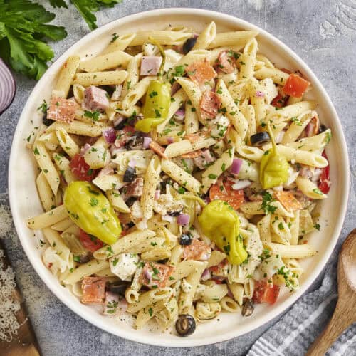 Overhead view of a bowl of antipasto pasta salad.