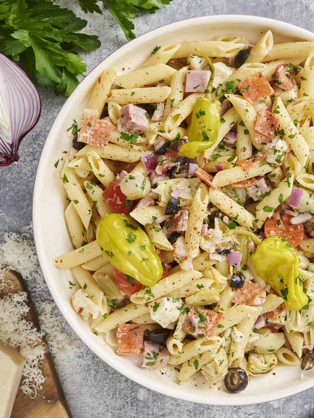 Overhead close up of a bowl of antipasto pasta salad.