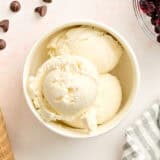 Overhead view of a bowl of homemade frozen yogurt.