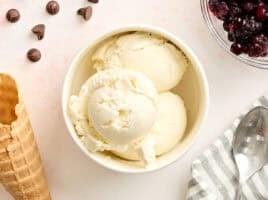 Overhead view of a bowl of homemade frozen yogurt.