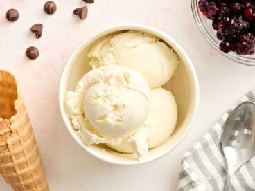 Overhead view of a bowl of homemade frozen yogurt.
