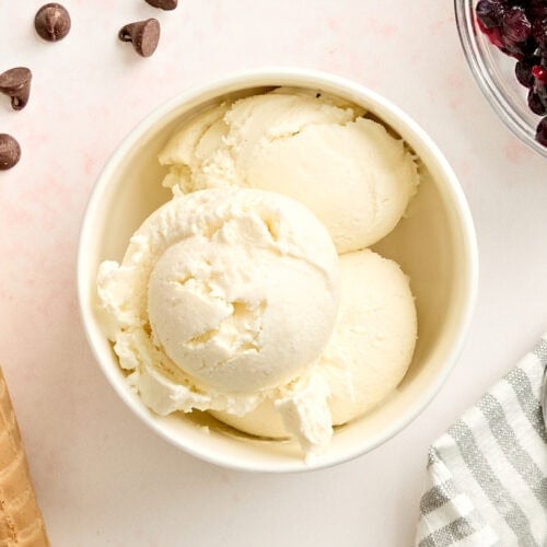 Overhead view of a bowl of homemade frozen yogurt.