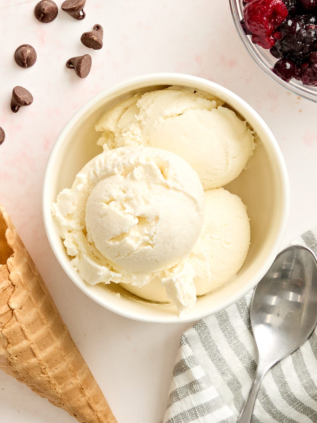 Overhead view of a bowl of homemade frozen yogurt.