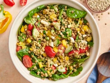 Overhead view of a bowl of summer lentil salad.