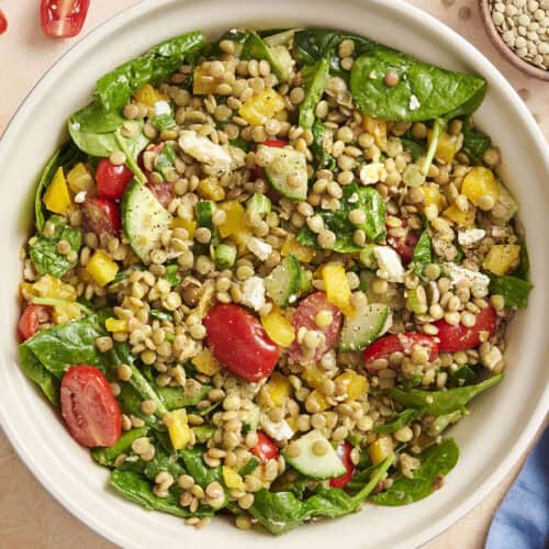 Overhead view of a bowl of summer lentil salad.