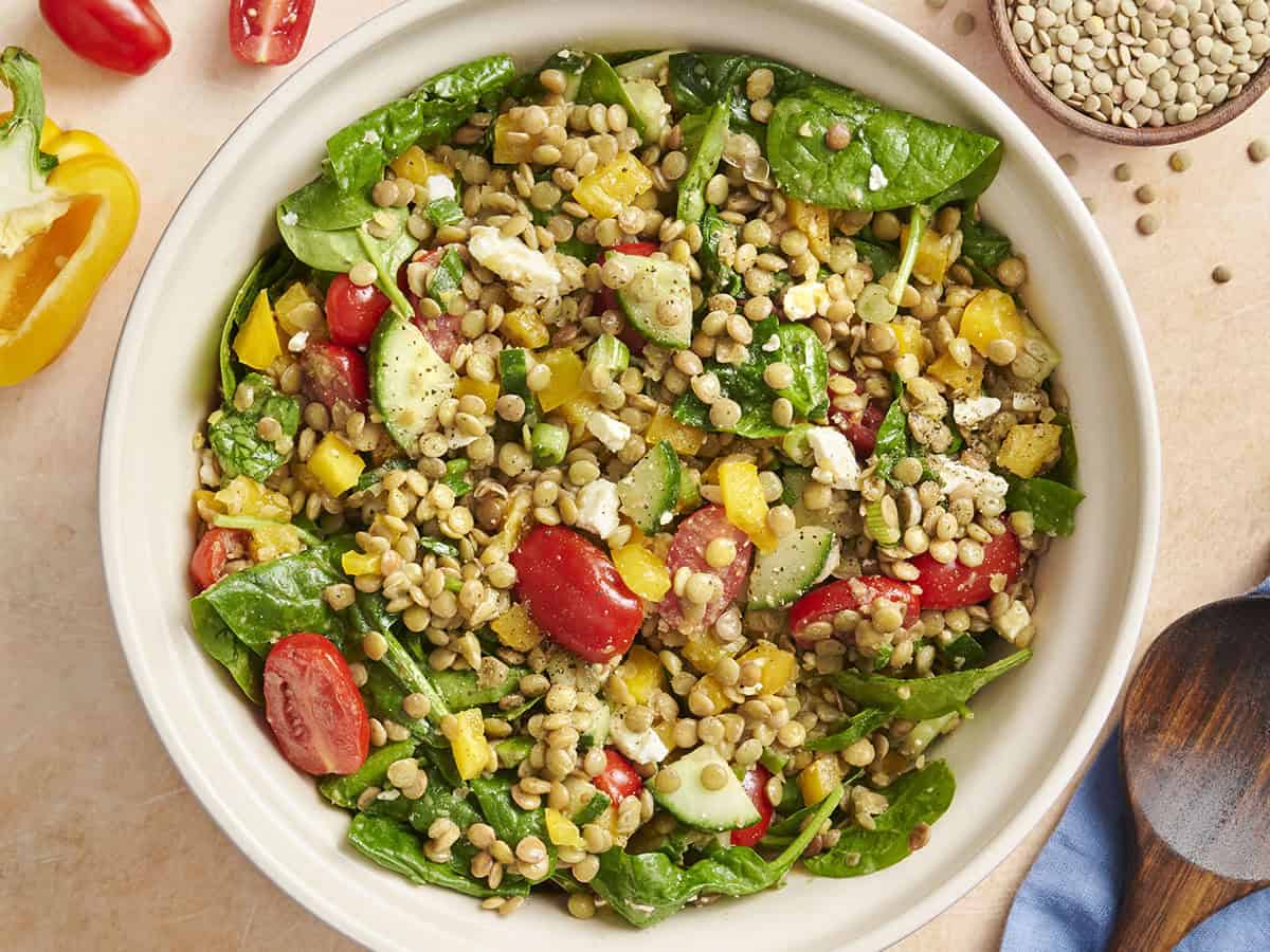 Overhead view of a bowl of summer lentil salad.