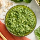 Overhead view of a bowl of budget friendly pesto.