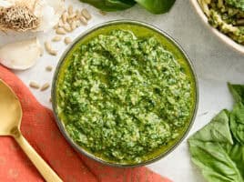 Overhead view of a bowl of budget friendly pesto.