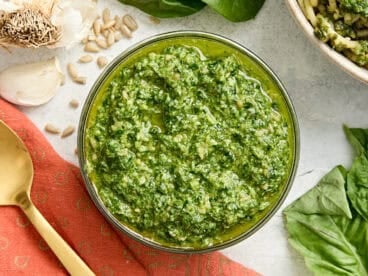 Overhead view of a bowl of budget friendly pesto.